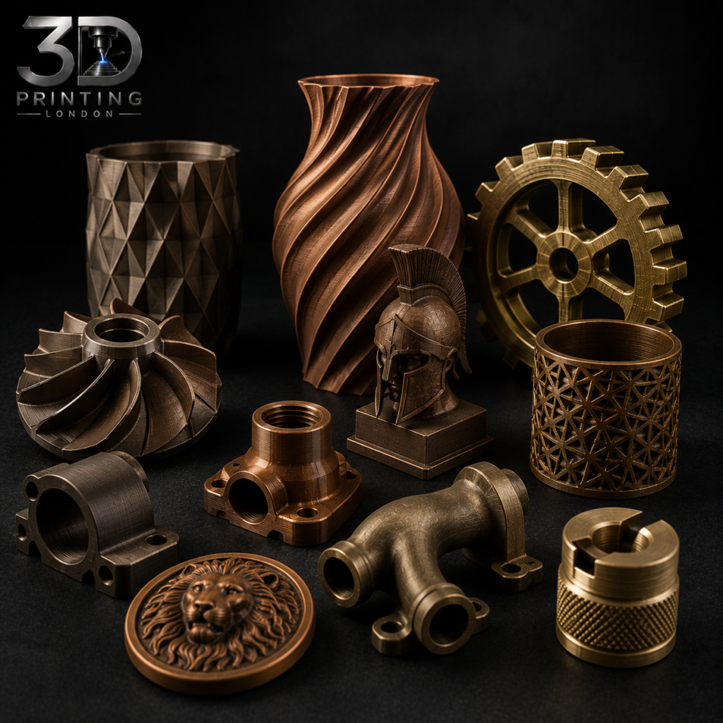 Collection of 3D printed decorative and functional parts with metallic finishes including copper, bronze, and brass-coloured vases, gears, helmets, and ornamental vessels — 3D Printing London