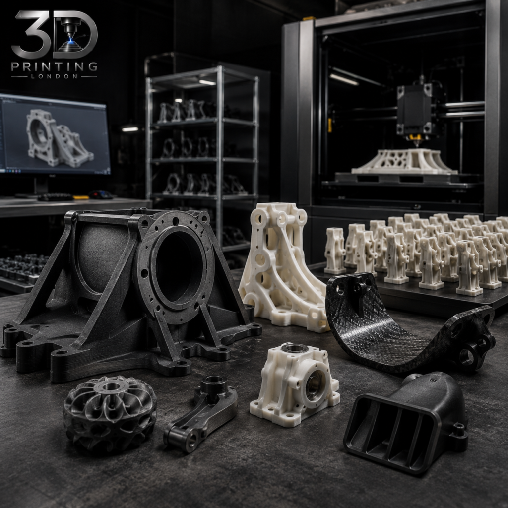 3D printing workshop showcasing finished parts in white and black materials, active printers, CAD design on monitor, and organised inventory of printed components — 3D Printing London