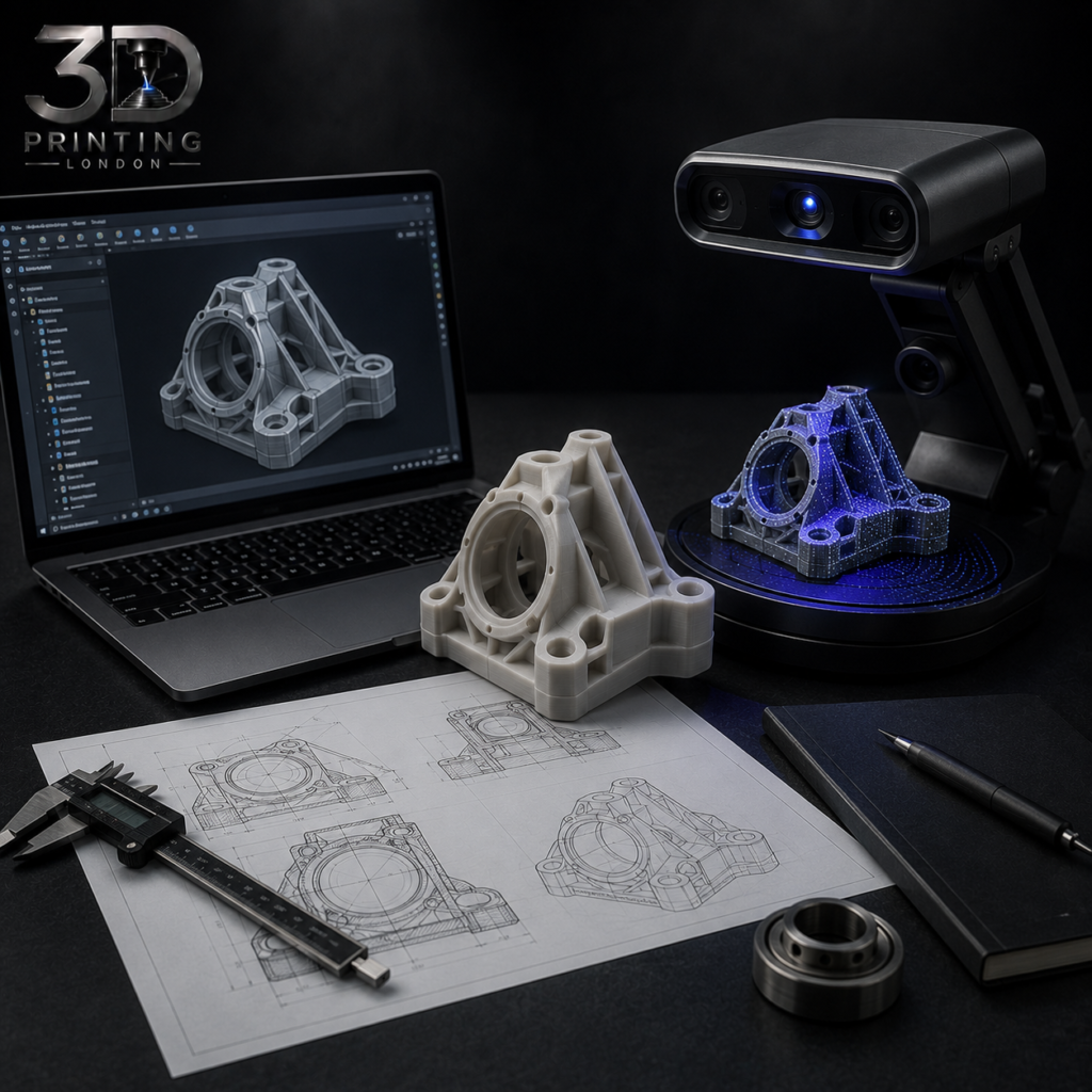 3D design and prototyping workflow showing CAD software on laptop, technical engineering drawings, 3D scanner, and printed prototype parts in white and blue — 3D Printing London