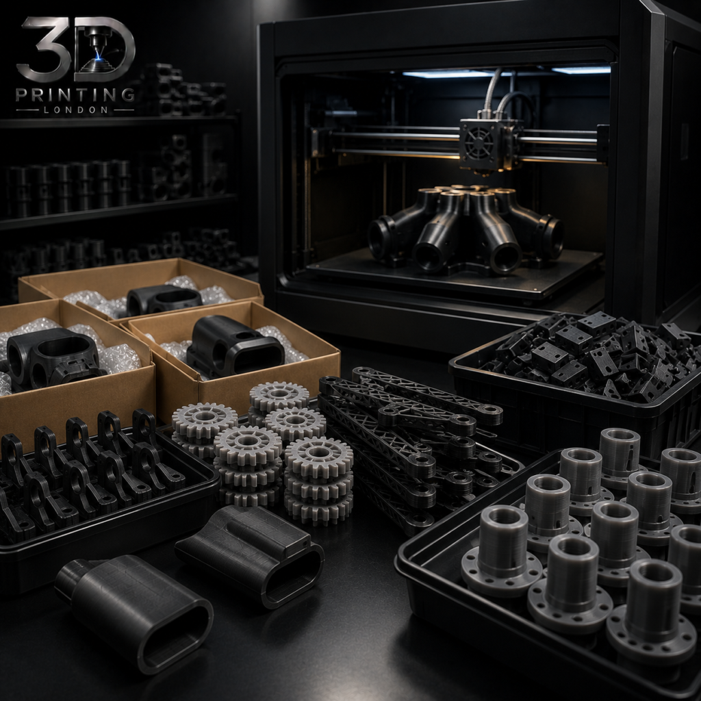 Professional 3D printing production setup showing active FDM printer, organised inventory of black and white printed parts, packaged orders in cardboard boxes, and organised component trays — 3D Printing London