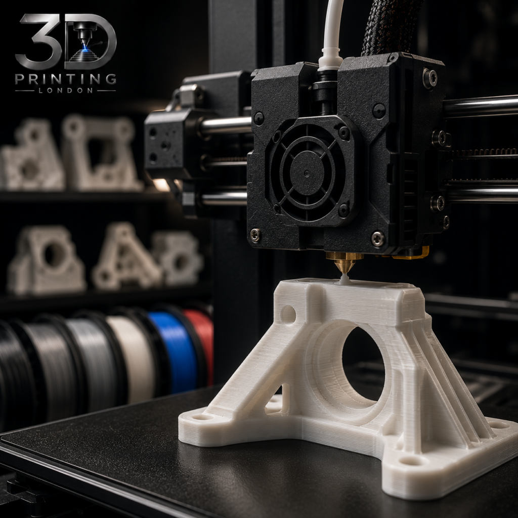 FDM 3D printer actively printing a white plastic bracket part, with filament spools and printer components visible in the background — 3D Printing London