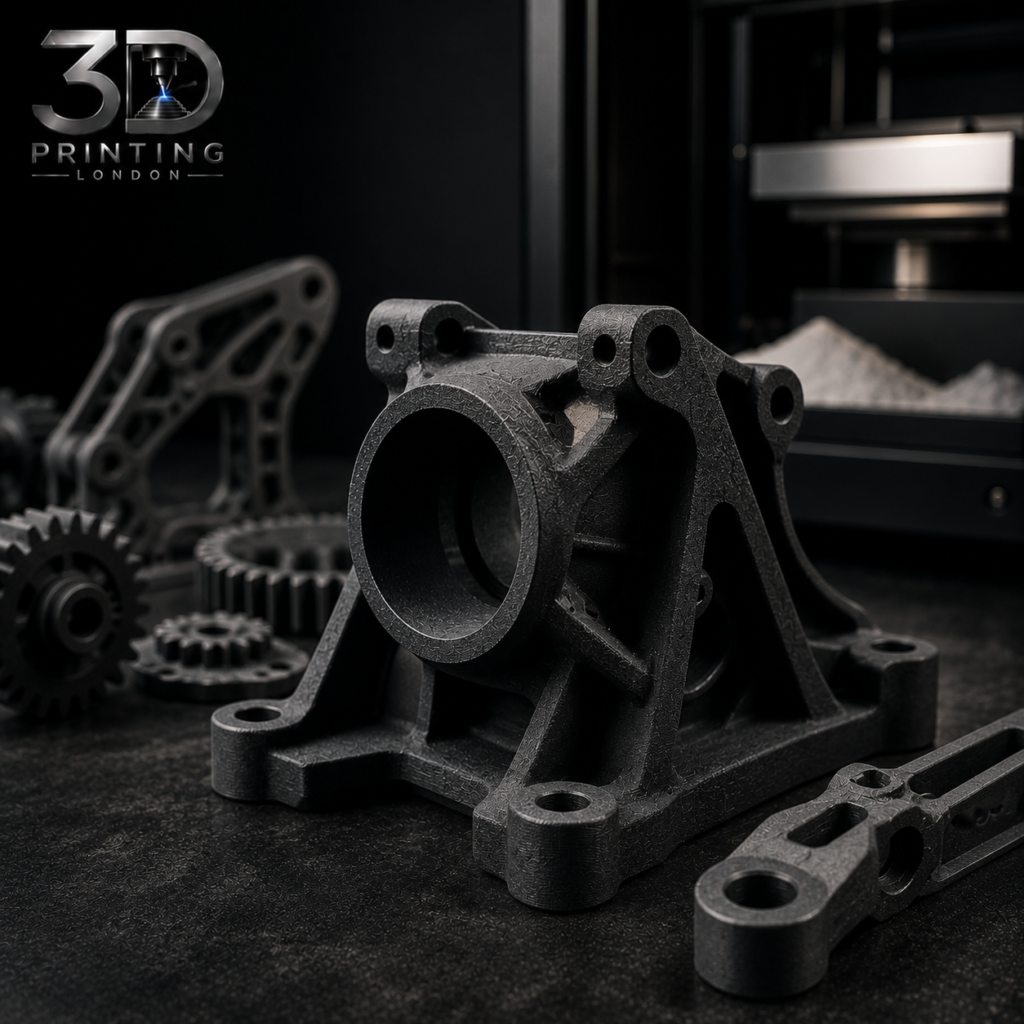 High-quality 3D printed nylon mechanical parts including motor mounts, brackets, and gears with precise dimensional accuracy and functional assembly capability — 3D Printing London