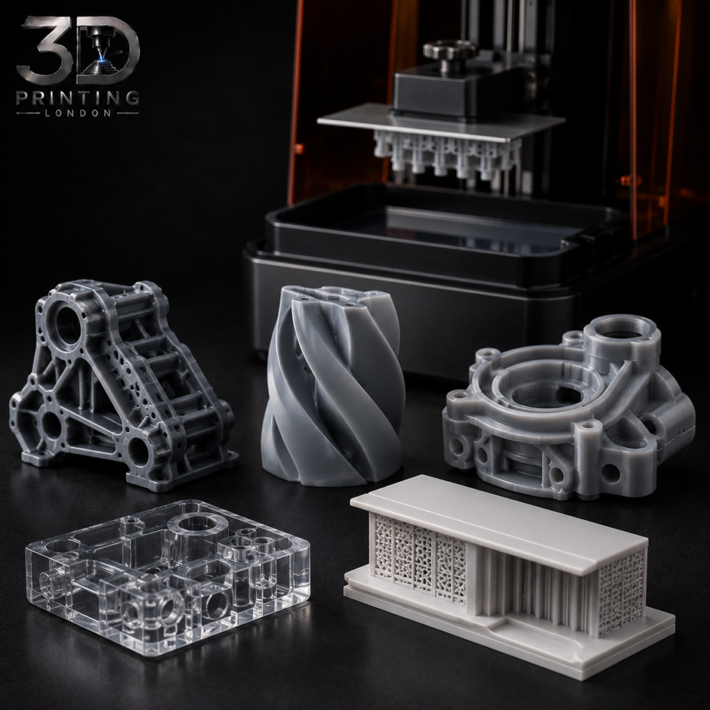 Collection of high-precision SLA resin 3D printed parts including complex mechanical housings, transparent optical components, and intricate lattice structures with printer in background — 3D Printing London