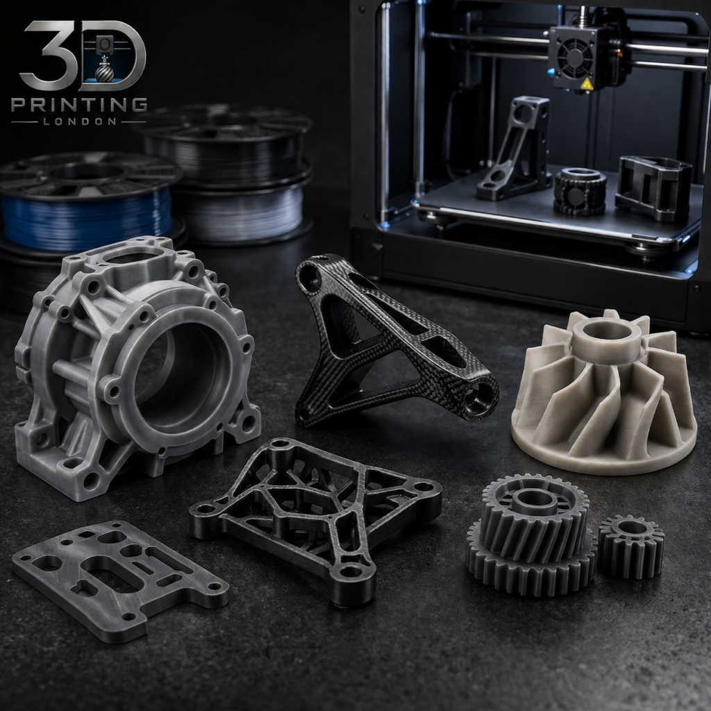 A selection of 3D printed mechanical parts including gears, a motor housing, a lattice bracket, and an impeller, displayed in front of an FDM printer and filament spools — 3D Printing London